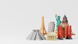 Fototapeta  - Western Famous landmarks of the world grouped together isolated on white background. Travelling and holidays. Travel famous landmarks or world attractions concept. 3d Render illustration.