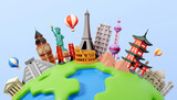 Fototapeta Londyn - Famous monuments of the world grouped together on planet Earth with balloons. Travelling and holidays. Travel famous landmarks or world attractions concept. 3d Render illustration.