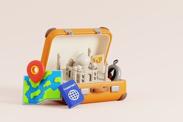 Wall Mural - Cartoon of open Suitcase with Landmarks of India, map and passport. 3d Render