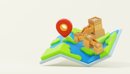 Wall Mural - 3d cartoon of Chinese Great wall on map with pin. Landmarks in China. 3D Render.