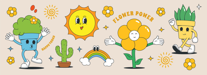 Wall Mural - Set of 70s groovy character and element. plants collection vector illustration