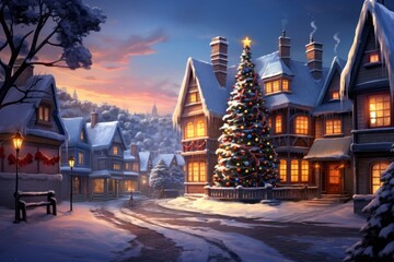 Poster - Christmas tree postcard in the courtyard of a snow-covered house in winter. Merry christmas and happy new year concept