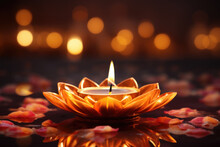 Happy Diwali Festival Concepts With Diya Oil Lamp And Floral Mandala On Blurred Bokeh Background. Indian, Hindu Colorful Traditional Festival Of Lights Celebration. Generative AI