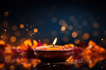 Happy Diwali festival with diya oil lamp and floral mandala on night blurred bokeh background. Indian colorful traditional festival of lights celebration. Generative AI