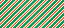 Christmas Seamless Pattern. Red And Green Diagonal Stripes Background. Candy Cane Repeating Decoration Wallpaper. Winter Holiday Lines Backdrop. Xmas Peppermint Present Wrapping Print Design. Vector