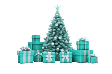 Wall Mural - 3D minimal Christmas trees with presents gift boxes decorations elements, isolated on white transparent background, ai generate