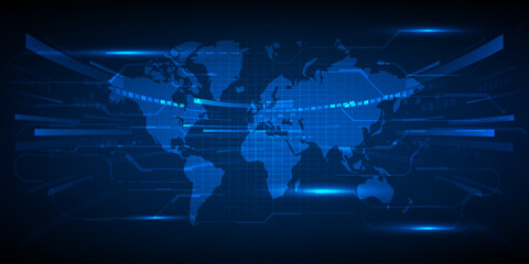 Vector illustration of world map with futuristic blue digital curve stripe and digital circuit.Digital global communication and innovation technology concept.