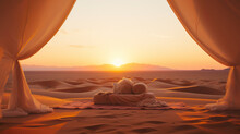 Immaculate White Tent In The Middle Of The Vast Expanse Of Desert. Tent Surrounded By A Sea Of Golden Sand In A Peaceful And Captivating Environment In The Heart Of The Arid Region.