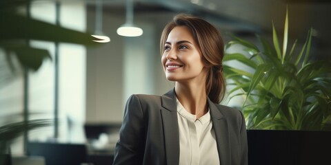 Poster - Generative AI : Portrait of a smiling businesswoman standing at her desk in office