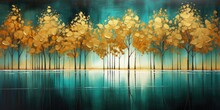 Teal And Gold Abstract Painting Of Trees By A Pond. Autumn Birch Tree Leaves In Modern Art.