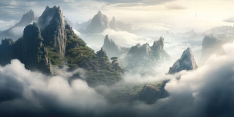 Wall Mural - Dreamy misty rainforest landscape. Foggy mountain horizon. Abstract enchanted fairytale land.