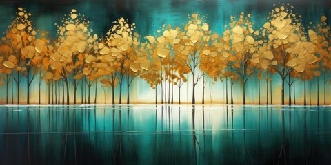 Teal and gold abstract painting of trees by a pond. Autumn birch tree leaves in modern art.