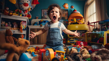 Mischievous And Defiant Brat Boy Toddler In A Messy Bedroom, Cheeky And Naughty, Screaming For Attention. Naughty Kids Concept.