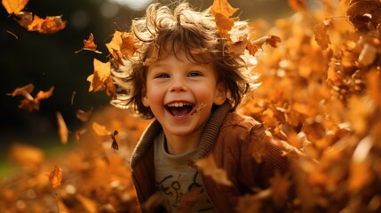 Happy child in a a pile of leaves in autumn. Halloween seasonal fall. Laughing toddler in October. Smiling kid playing.