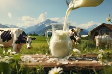 Pouring Fresh Milk With Slope Green Grass And Cows Background
