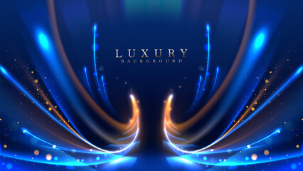 Wall Mural - blue luxury background with golden line decoration and curve light effect with bokeh elements. moder