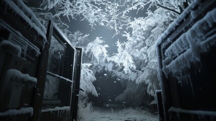 Wall Mural - Heavy snowfall as seen from a home camera reflecting light off of every snowflake in the dark