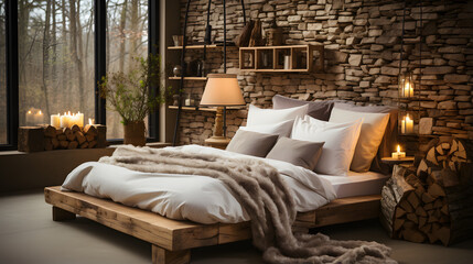 Wall Mural - Natural log lampshade near bed. Rustic interior design of modern bedroom