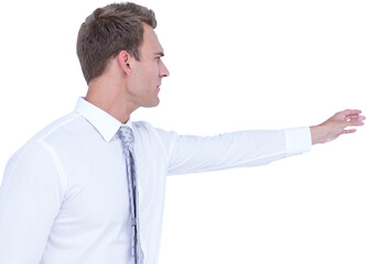 Poster - Digital png photo of caucasian businessman touching virtual screen on transparent background