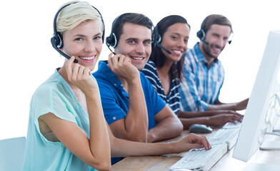 Canvas Print - Digital png photo of smiling biracial businesspeople on transparent background