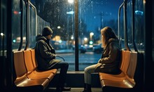 A Boy And A Girl Are Waiting For A Bus At Night At A Bus Stop Made With Generative AI