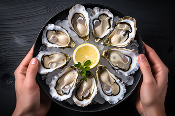 Open fresh oysters with lemon slices on a dish with ice cubes in a man's hands, top view, gourmet food