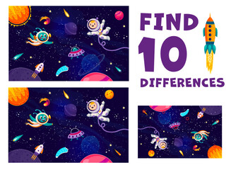 Poster - Find ten differences at space galaxy landscape. Astronaut and cartoon alien characters. Difference search riddle or game vector worksheet with boy and alien astronaut, UFO saucer flying in outer space