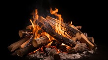 A Fire Pit With Logs And Flames On A Black Background, Created By Generative AI
