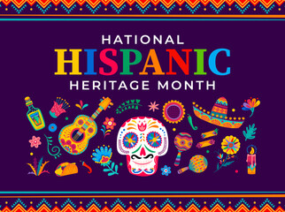 Calavera sugar skull, tropical flowers and musical instruments, food on national hispanic heritage month festival banner or festival flyer with ornate skull, maracas, guitar and sombrero, tequila