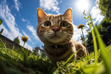Curious Funny Cat Red Pet On Lawn On Sunny Day, Animal Head Fisheye Low Angle View