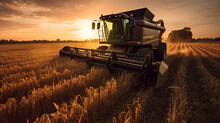 Agriculture, Combine Harvester In Corn Field. Generative Ai