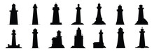 Big Collection Of Light House Silhouette. Hand Drawn Lighthouses Silhouette Isolated On White Background. Vector Illustration.