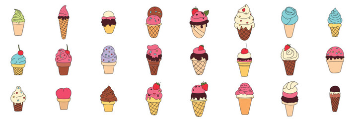 Wall Mural - Big set of doodle ice cream. Hand drawn ice cream icon isolated on background. Vector illustration.