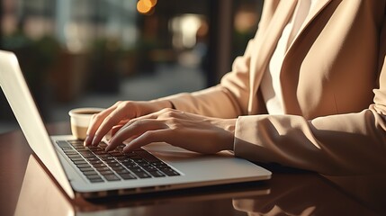 Poster - Close-up of hands typing on a laptop keyboard at a desk 