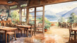 山が見えるカフェの建築パース　水彩イラスト