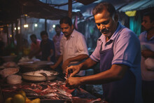 Indian Man Selling Fish At Fish Market