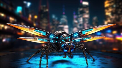 Canvas Print - A large insect with glowing wings on a city street. Generative AI.