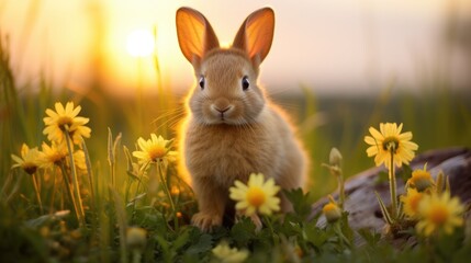 Wall Mural - A rabbit sitting in a field of yellow flowers. Generative AI.