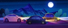 Cars Drive Along Country Road Near Mountains And Trees At Night Under Starry Sky. Cartoon Vector Of Midnight Landscape With Rocky Peaks, Automobiles Traveling On Asphalt Highway Under Moonlight.