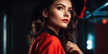 Portrait Of A Young Beauty Sexy Woman In Red Dress And Black Hat On A Black Background