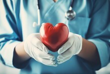 Closeup Female Doctor With Stethoscope Holding Red Heart Shape In Hand. Healthcare And Medical Concept, Generate With Ai.