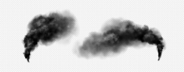 Wall Mural - black smoke cloud realistic vector illustration. dark haze pillar from explosion or fire burning, or