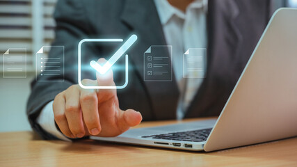 Fototapete - Businessman checking Document Management System (DMS) and approve. Streamline online docs, enhance file control & workflow efficiency with e-documents.
