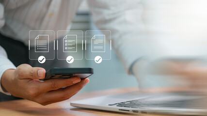 Fototapete - Businessman with a Document Management System (DMS). Streamline online docs, enhance file control & workflow efficiency with e-documents.