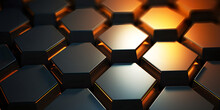 Hexagon Steel Pattern, Abstract Seamless Background, Gold Lights, Vibrating And Blury Background, Generative AI