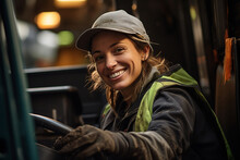 A Caucasian Female Driving A Truck And Smiling