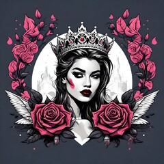 Tattoo flash art of a modern day queen or princess surrounded by roses and plants. 