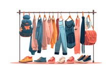 Different Denim Clothes And Shoes Hanging On Rack. Vector Illustration Design.