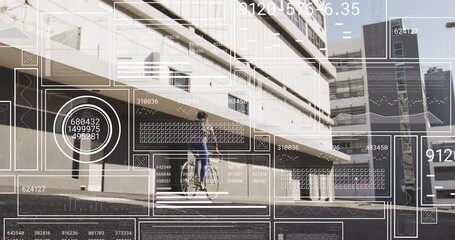 Poster - Animation of graphs, loading circles and bars, biracial woman riding bicycle on street in city