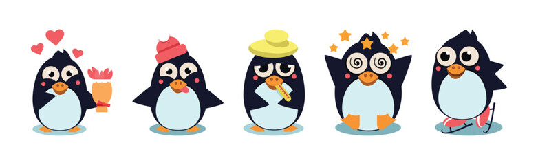 Canvas Print - Cute Penguin Character Engaged in Different Activity Vector Set